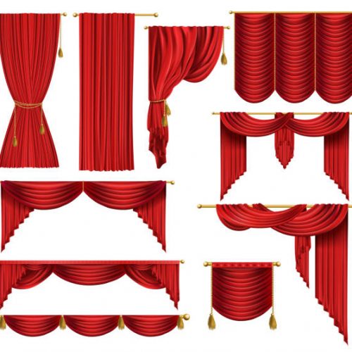 Vector 3d realistic set of red luxury curtains, open and closed, with drapery and decorative cords and tassels isolated on background. Textile drape, decor elements for theater and cinema posters